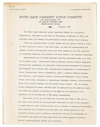 (CIVIL RIGHTS.) Press release and policy statement of the Watts Labor Community Action Committee.